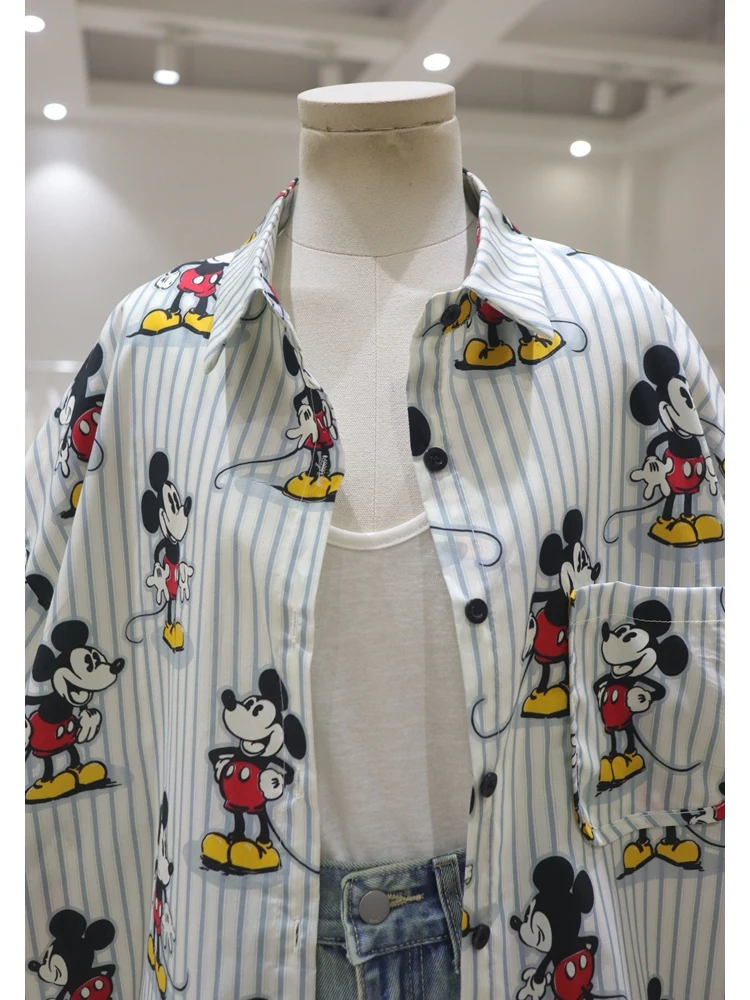 Camisa casual estampada para mulheres, tops soltos versáteis, algodão emagrecedor, manga curta, listrada, verão, 2024