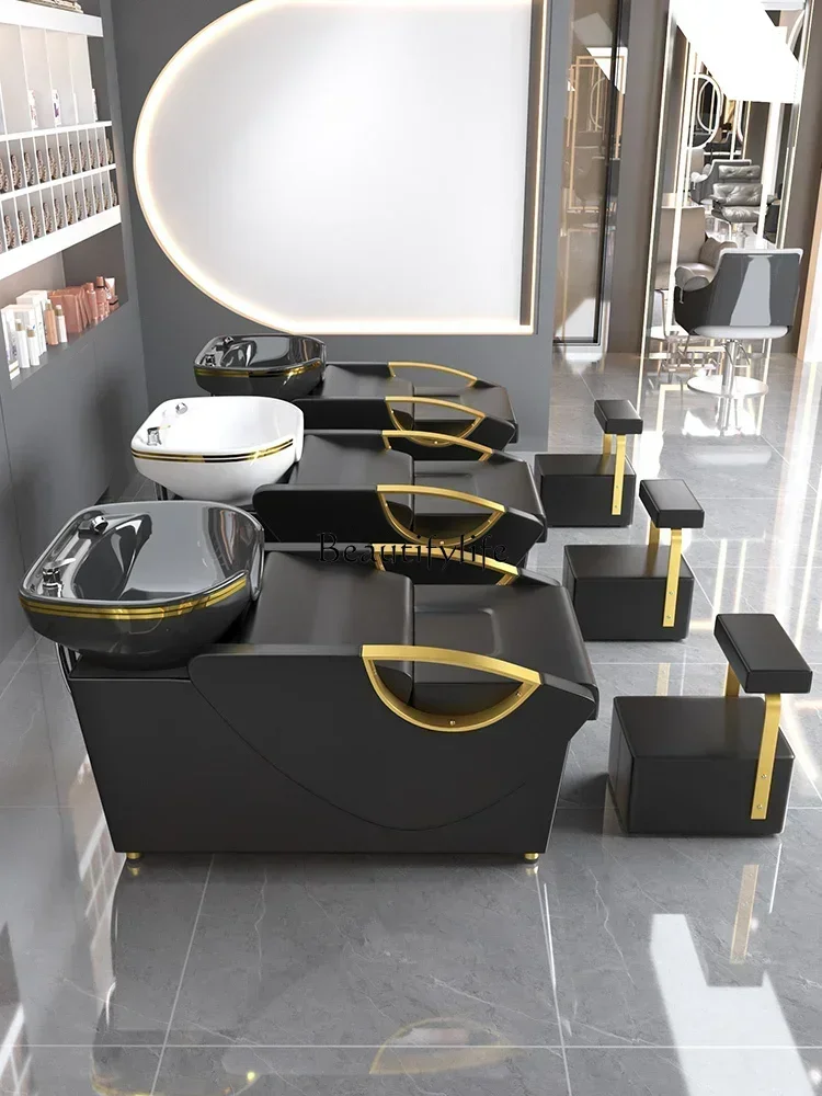 

For Hair Salon Flush Shampoo Chair Hair Salon Lying Half Gold High-End Stainless Steel Ceramic Basin