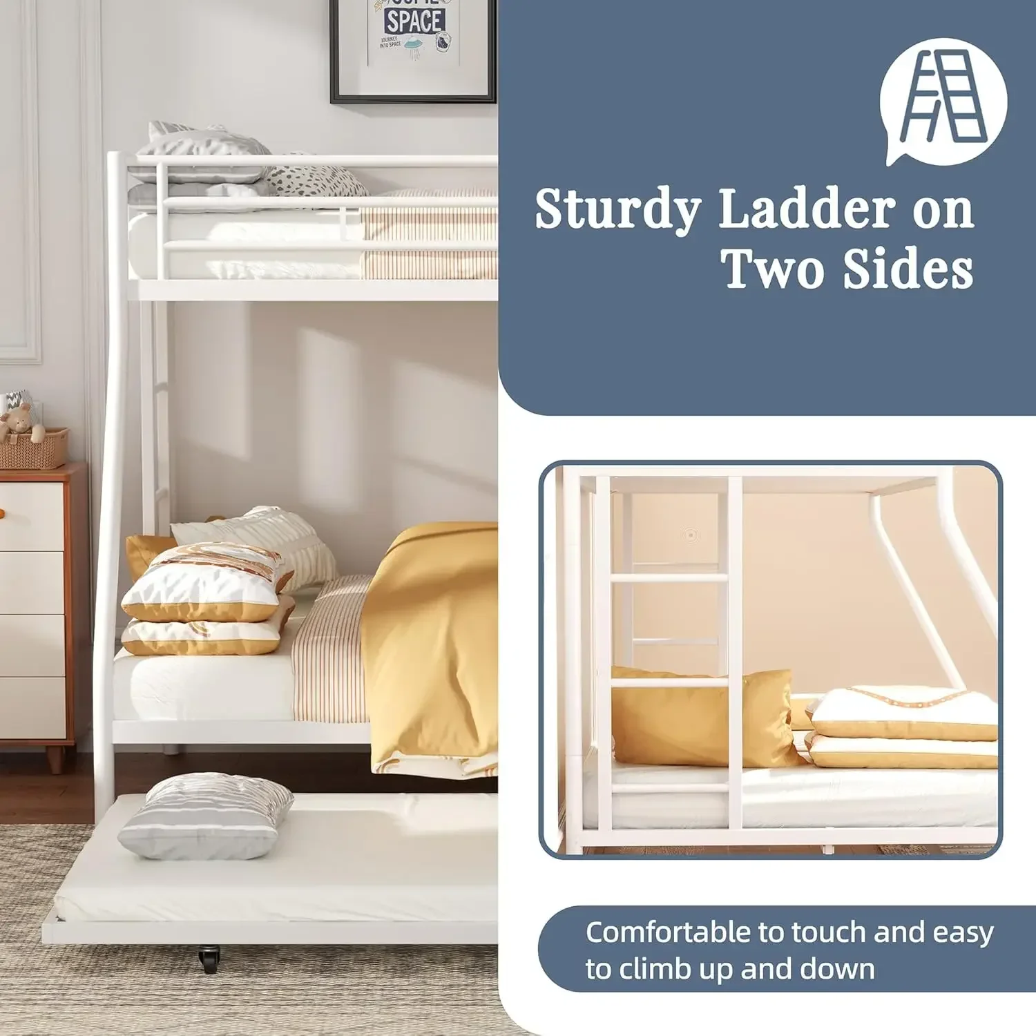 Shintenchi Bunk Bed Twin Over Full Size with Trundle, Heavy-Duty Twin&Full Frame with Full-Length Guardrail and Two Ladders, Tri
