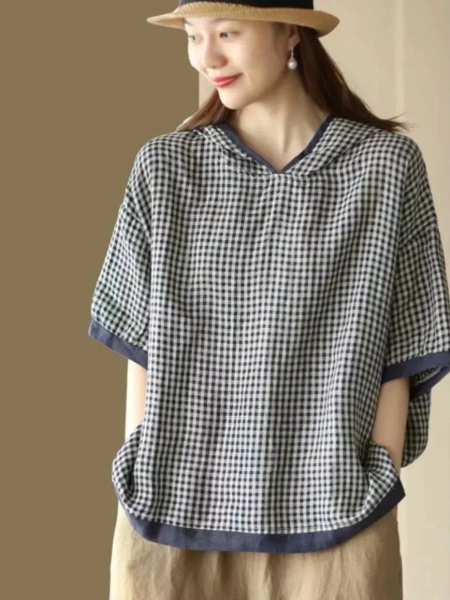 9182 Summer Elegant Style Fashion Plaid Hooded T-Shirts For Women Vintage Loose Casual Short Sleeved Pullover Female Tops Tees