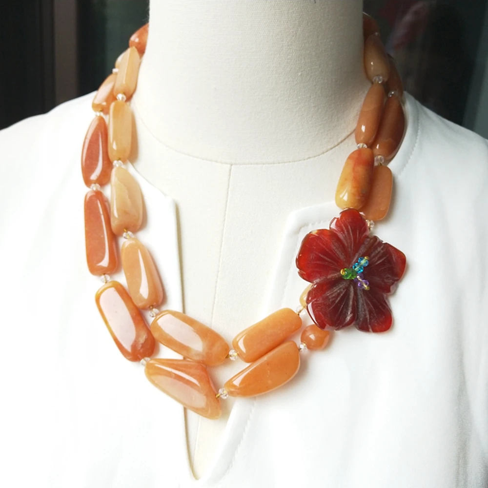 Lii Ji Real Stone Necklace Peach Aventurine Agate Flowers Statement Necklace 54cm Women Necklace Jewelry Gift