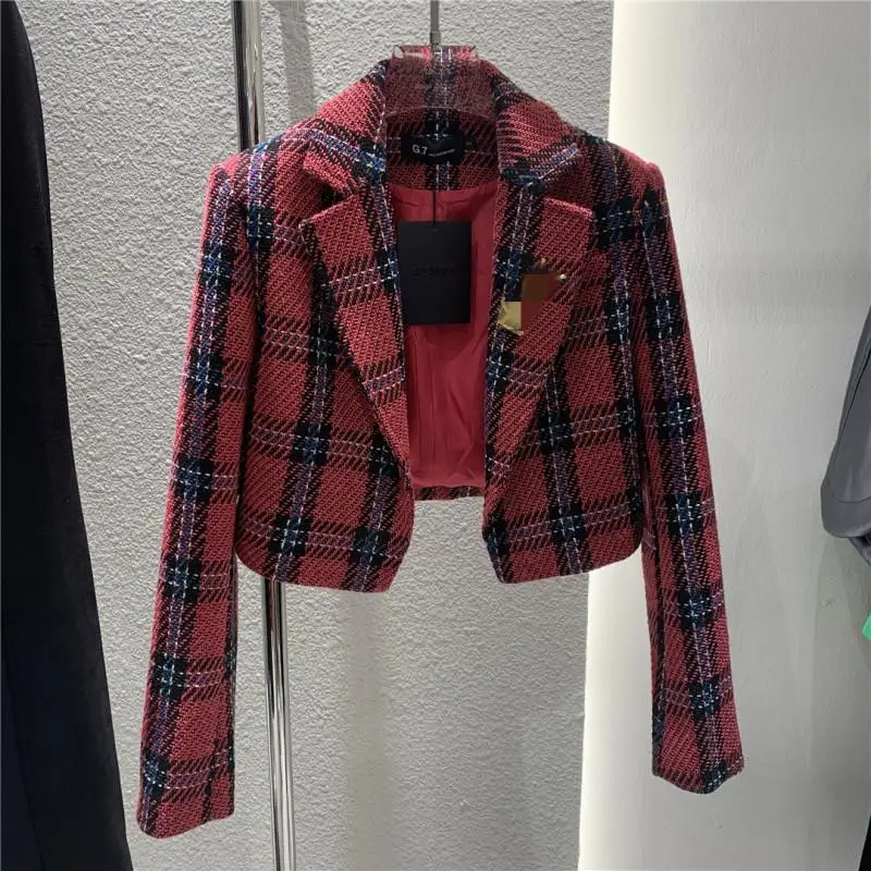 Vintage Tweed Plaid Red Jacke Women Autumn Sprinr 2024 New Long Sleeve Fragrant Party Coat Female Fashion Blazer Crop Tops