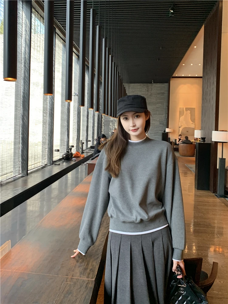 

Korean Sle Thiened ey Oversized Hoodie Women's Autumn Winter Streetwear Long Sve round Ne Casual Outerwear