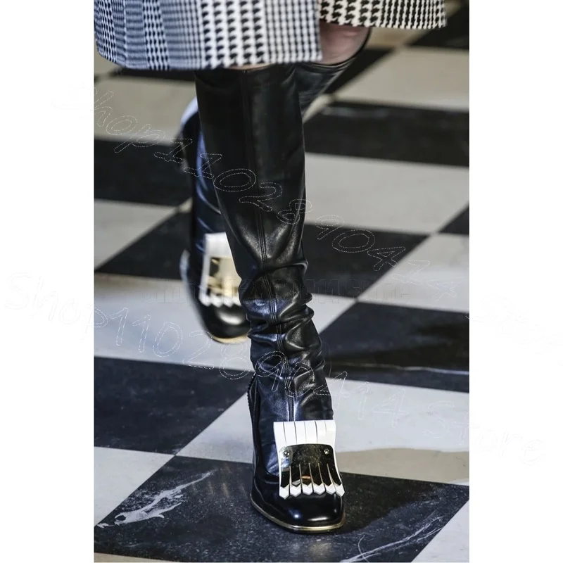 Leather Tassels Design Black Round Toe Boots Side Zipper Women Shoes Chunky High Heels New Party Runway 2025 Zapatos Para Mujere
