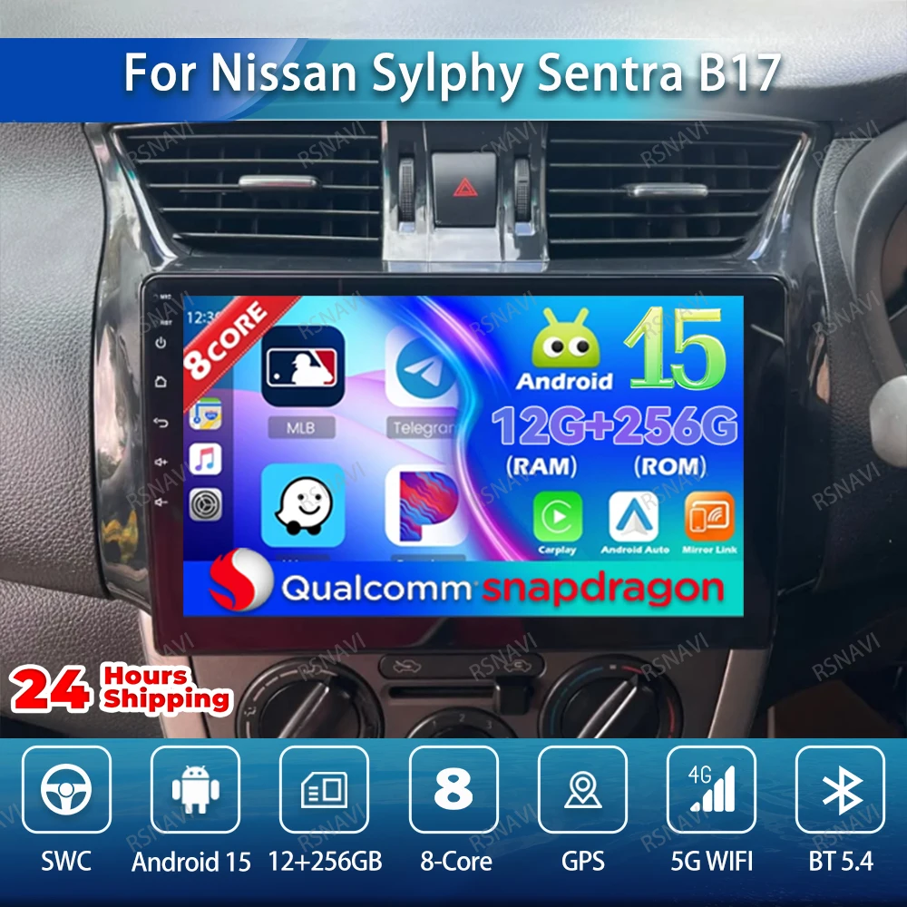 Car Radio Android 15 For Nissan Sylphy Sentra B17 AUTO NO 2DIN Snapdragon Systems Head Unit BT DSP WIFI+ 4G LTE 9/10 Inch 8 Core