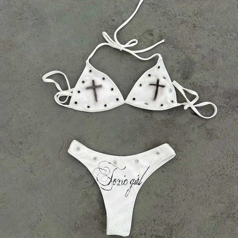 Set bikini sexy con stampa incrociata alla moda estiva, set costume da bagno da donna, abito da festa in spiaggia stile Y2k moda di nicchia casual estiva