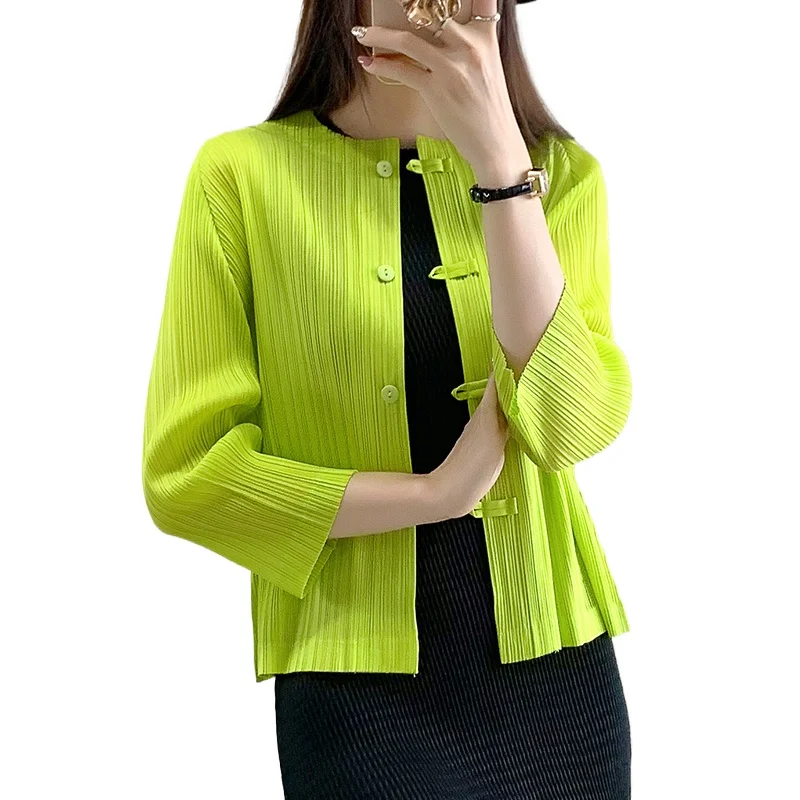 Miyake Geplooide Top Damesjas Herfst Retro Chinese Stijl High-End Lange Mouwen Chinese Stijl Button Up Temperament top