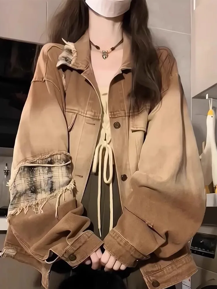 

American Retro Patch Designs Denim Coat for Women Autumn Loose Casual Turn Down Collar Single-breasted Jackets Ripped Hole Top