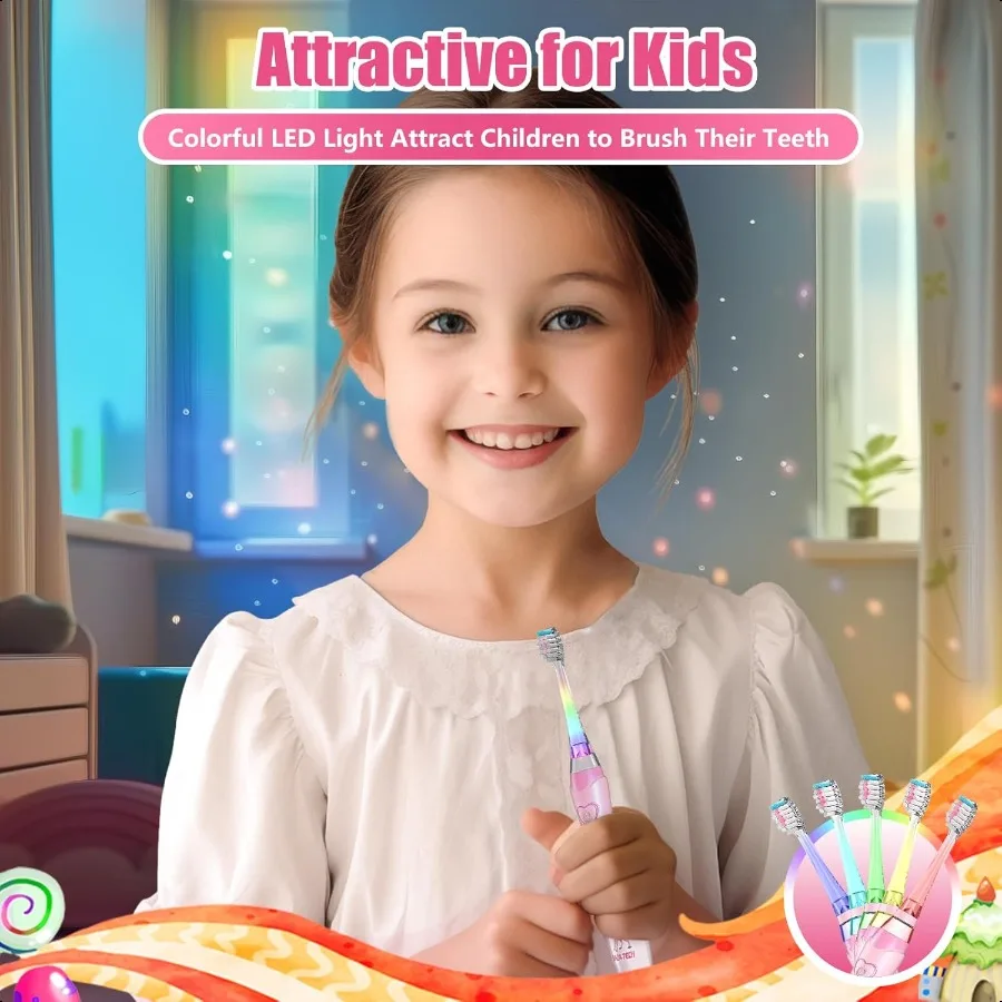 فرشاة الأسنان الكهربائية طفل فرشاة الأسنان سن 24812 الفتيات فرشاة الأسنان الكهربائية مع الموقت قوس قزح LED تضيء تهتز فرشاة الأسنان