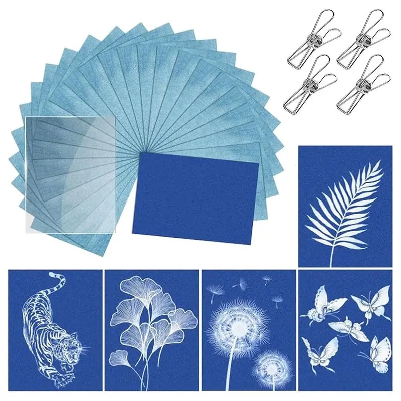 

AC62-Cyanotype Paper Kit-A4 32PCS High Sensitivity Sun Art Paper With Acrylic Panel& Clips For DIY For Nature Printing Crafts