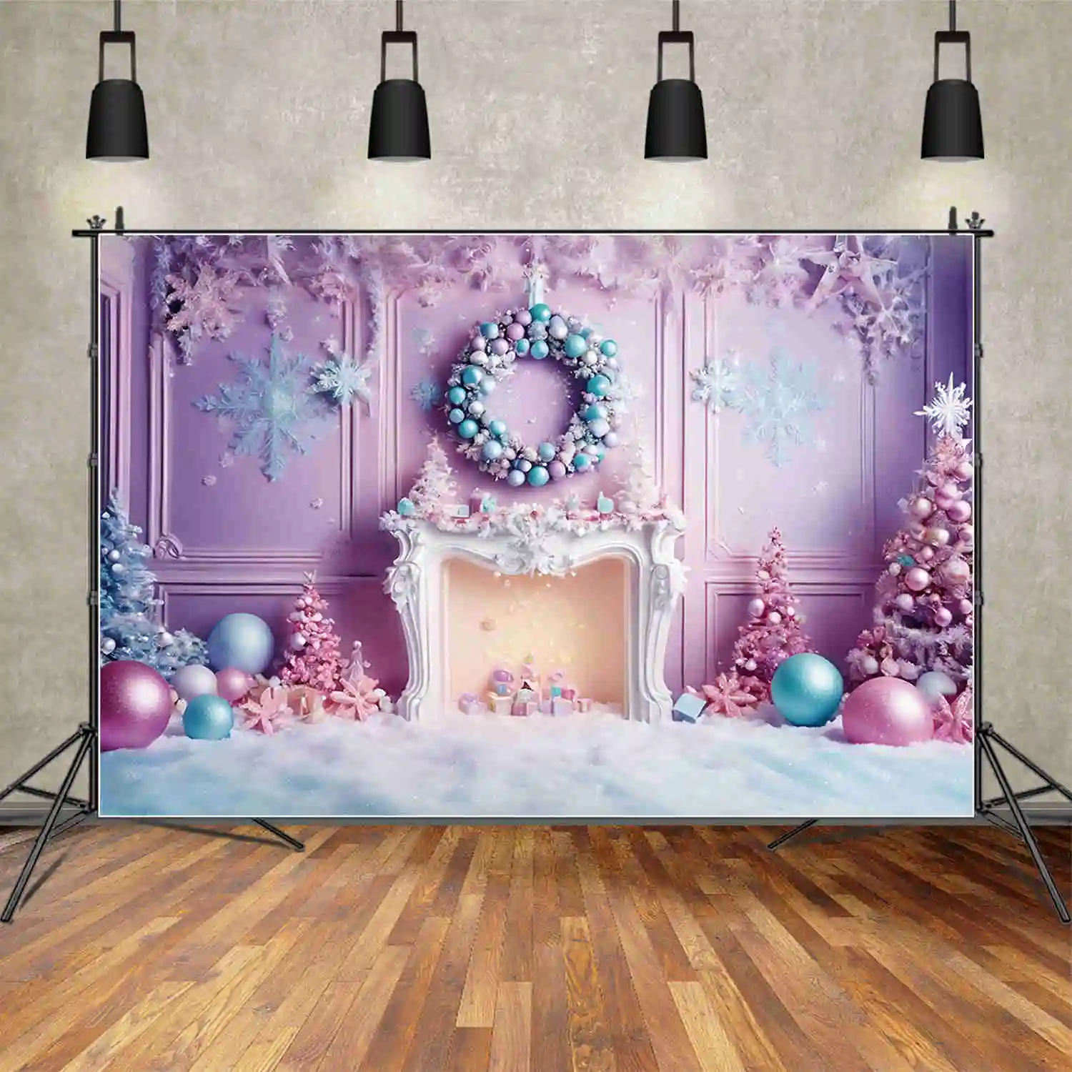 MOON.QG Christmas Shimmer Christmas Tree Backdrop Purple Ornamented Tree Fireplace Snowflake Background Party Photozone Supplies