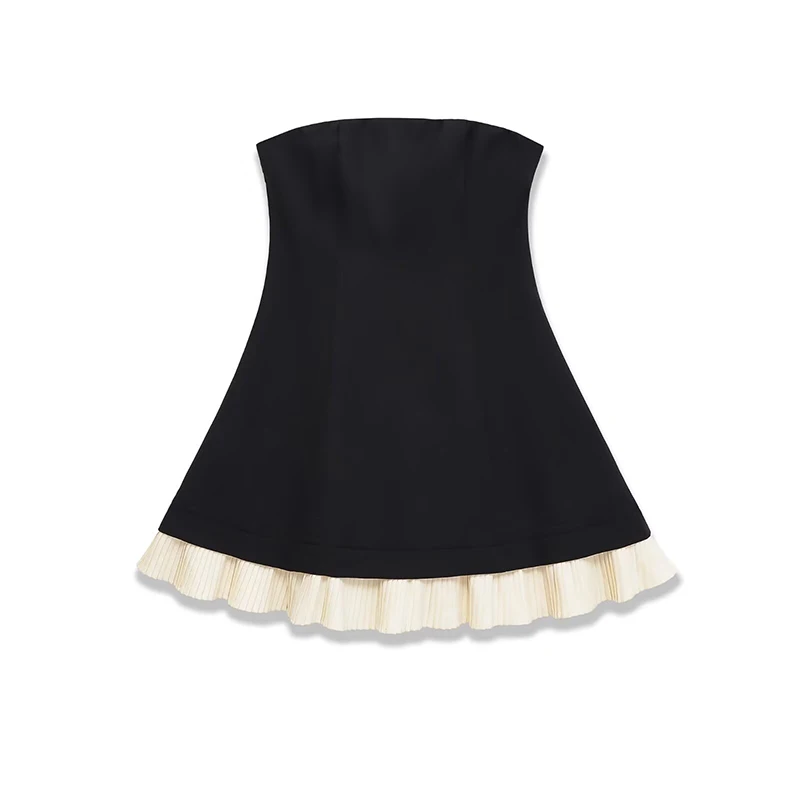 Yenkye preto sexy vestido sem alças feminino plissado hem retalhos magro a linha festa mini vestidos roupas chiques