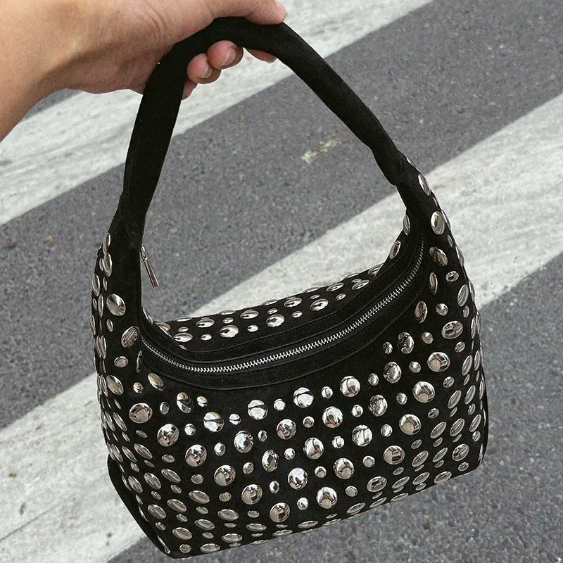 

Fashion Studded Shoulder Bag Faux Suede Rivet Handbags and Purses Autumn and Winter Half Moon Underarm Bags for Women Shopper