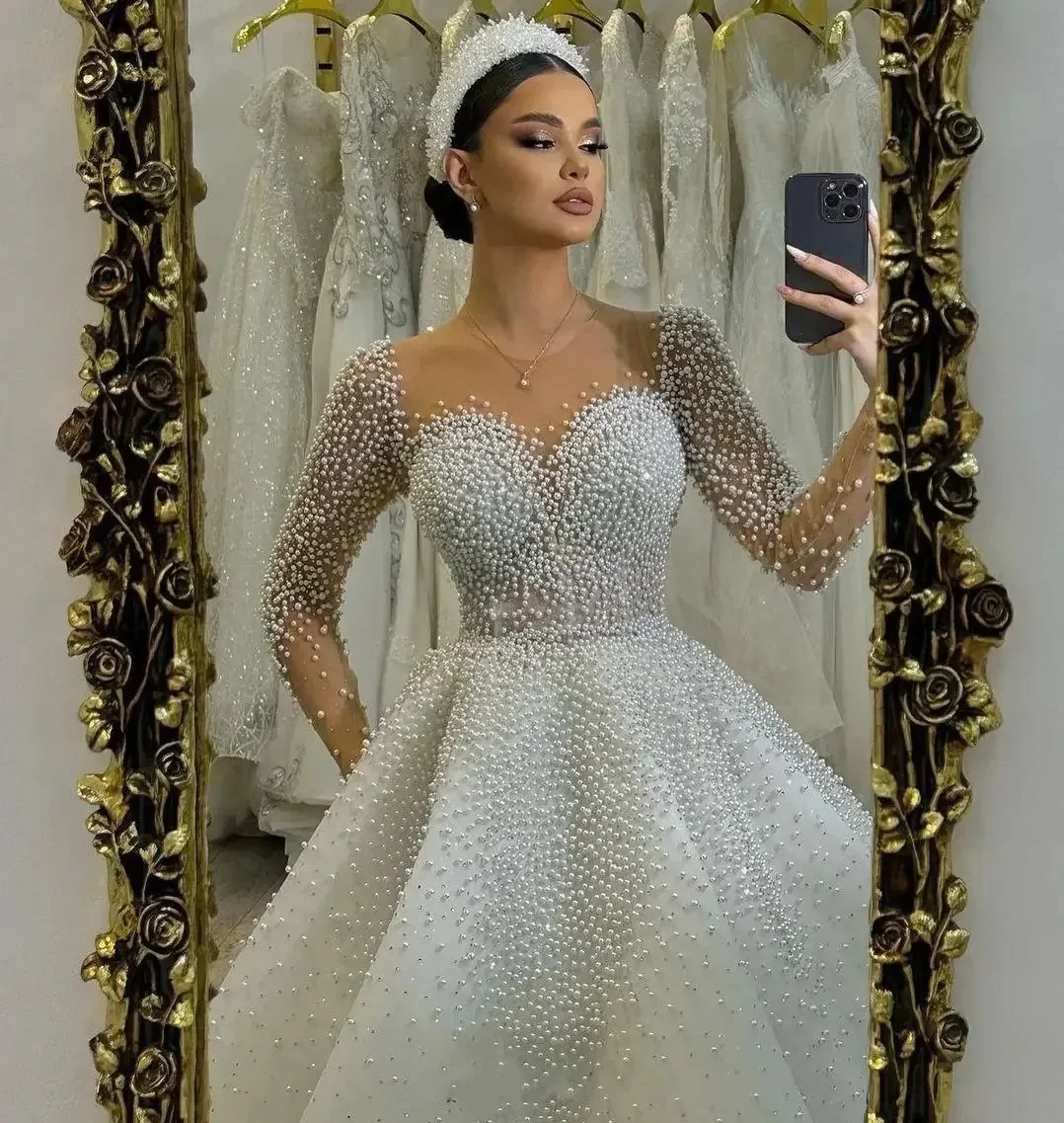 

Princess Wedding Dress Scoop Beads Pearls Illusion Long Sleeve Tulle Floor Length Chic Bride Bridal Gowns Church Muslim Vestidos