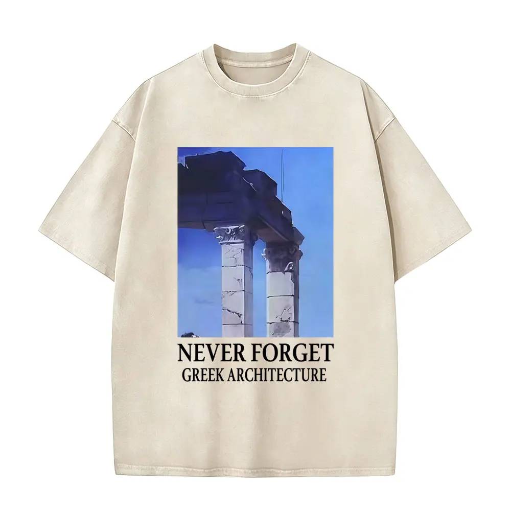Gewaschenes Vintage-T-Shirt „NEVER FORGET GREEK ARCHITECTURE“ für Männer und Frauen, Retro-Baumwoll-T-Shirt, männliches Hip-Hop-Oversize-T-Shirt, Streetwear – Detail 4