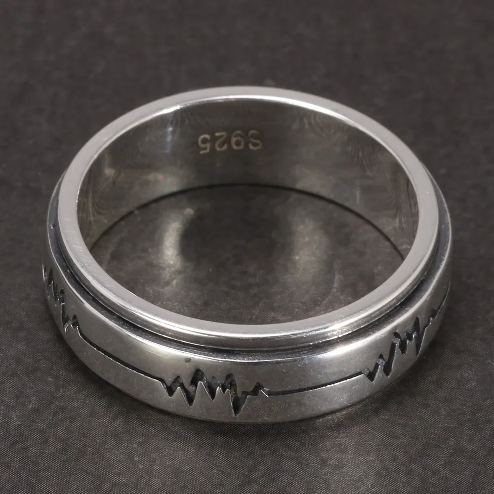 Genuine 925 Sterling Silver Rotating Spinner Band, Anti-Ansiedade, Alívio do Estresse, Homens e Mulheres, Gravação ECG