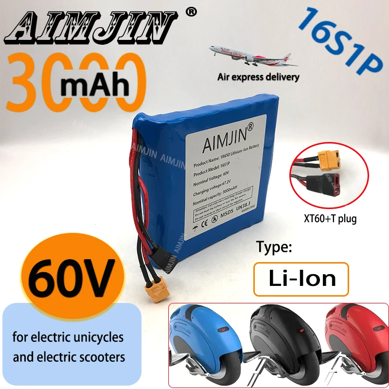 

60V18650 Li-lon battery 16S1P3.0Ah for high-power 1000W battery replacement in electric unicycles and electric scooters with BMS