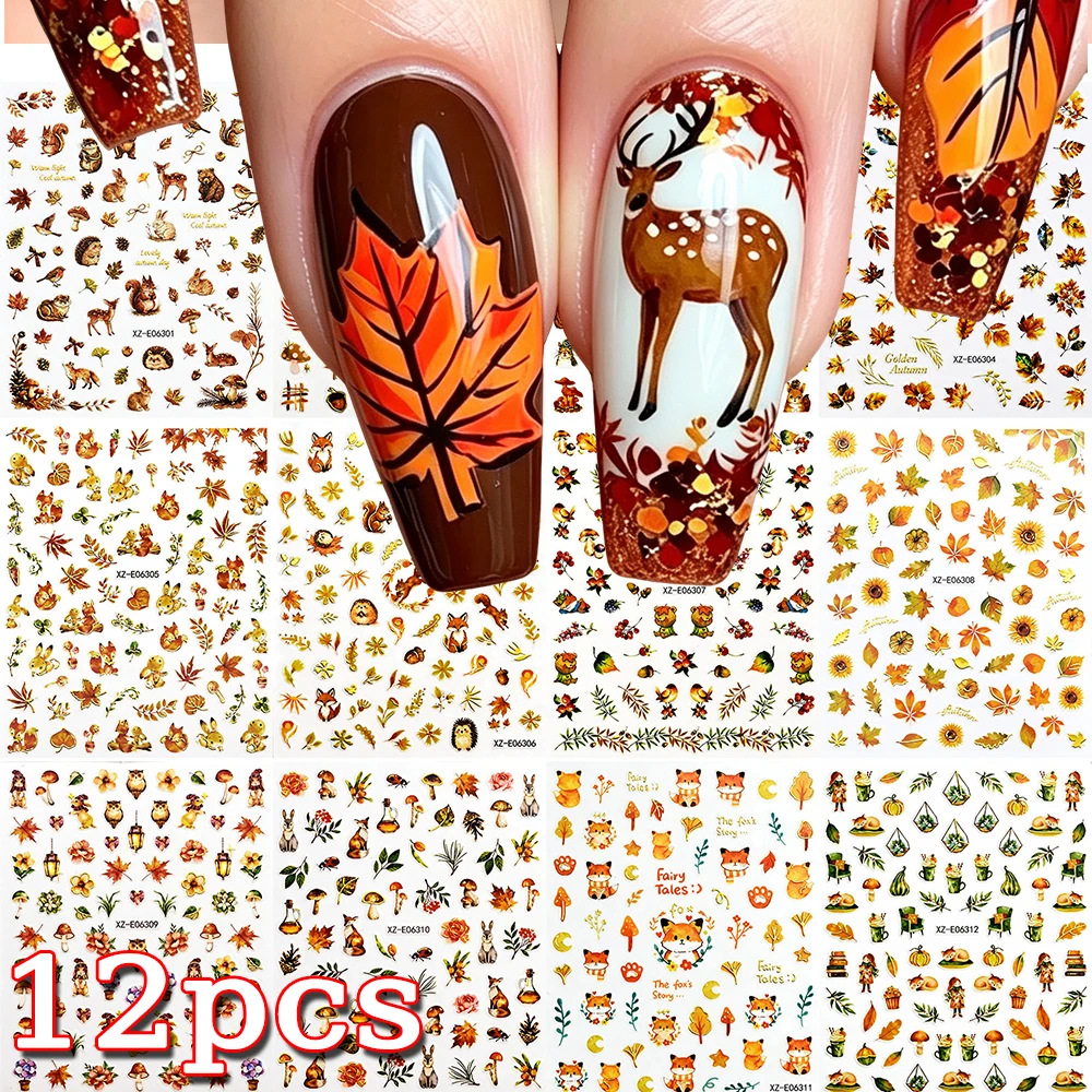 12 Stück Herbst-Ahornblätter, Tier-Nagelsticker, gemischte Cartoon-Fuchs-, Hirsch- und Eichhörnchen-Motive, selbstklebende Nagelabziehbilder, DIY-Herbst-Maniküre-Dekoration – Detail 1