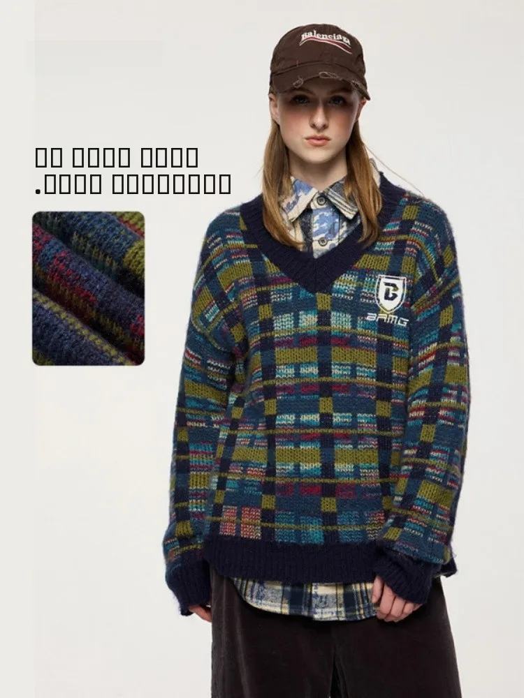 

Plaid Men's Knitwear Loose V-Ne Long Sve Autumn Winter Faion Comfortable Casual Sle American Retro College