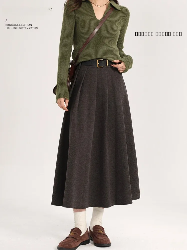 

Шерстяная юбка миди с высокой талией для женщин: модная, универсальная, осенне-зимняя, в горошек, А-силуэт, с эффектом похудения