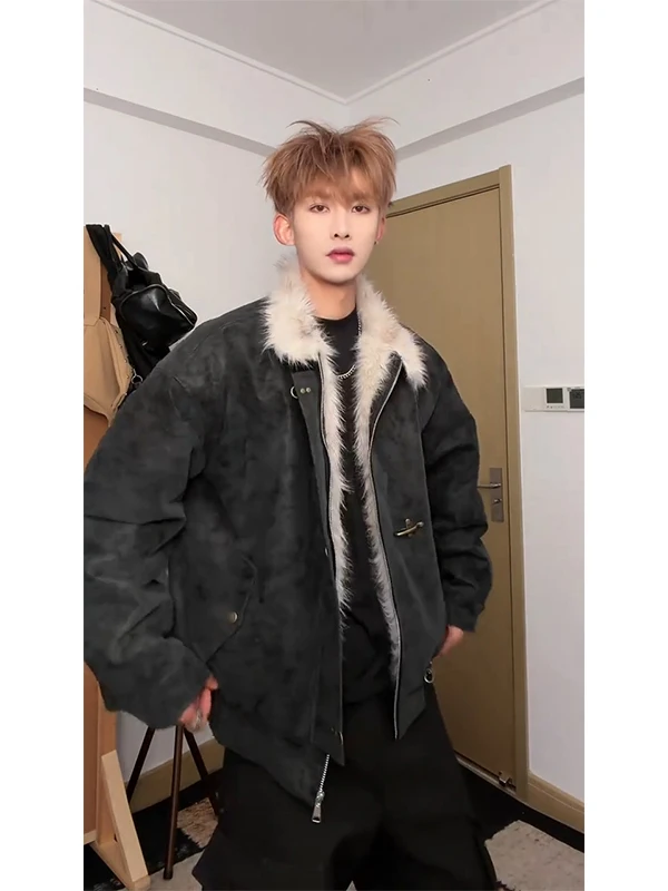 

Мужская зимняя куртка из искусственной кожи и хлопка с эффектом тай-дай, на флисовой подкладке, теплая, цвета авиационного синего, премиум-класса, стильная, с воротником-стойкой, удлиненная.