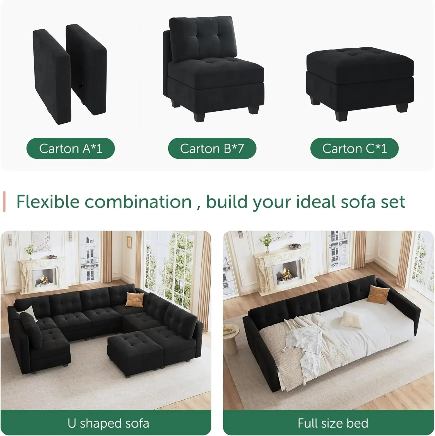 

Modular Sectional Sofa with Storage Ottomans Oversized U Shaped Couch with Chaises 8-Seater Sectional Sofa for Living Room Black