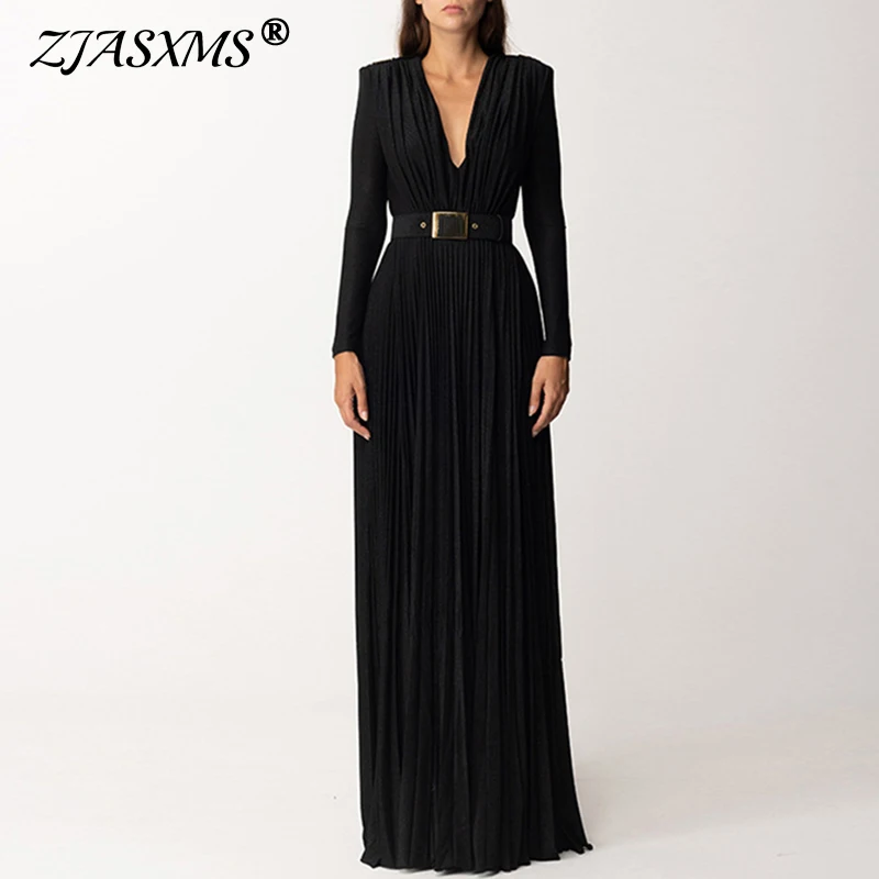 Sexy High Waist Belted Ruched Pleated Luxury Dresses Women Spring V Neck Split Party Long Dress Fall Long Sleeve Boho Maxi Dress