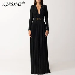 Sexy High Waist Belted Ruched Pleated Luxury Dresses Women Spring V Neck Split Party Long Dress Fall Long Sleeve Boho Maxi Dress