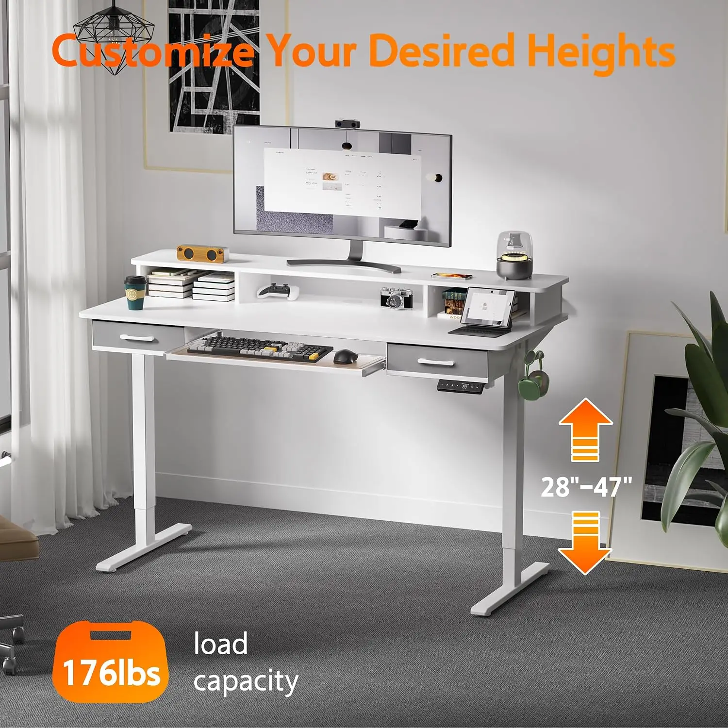 63 Inch Electric Standing Desk with Keyboard Tray Height Adjustable Table with 2 Drawers Ergonomic Home Office Desk , Customized