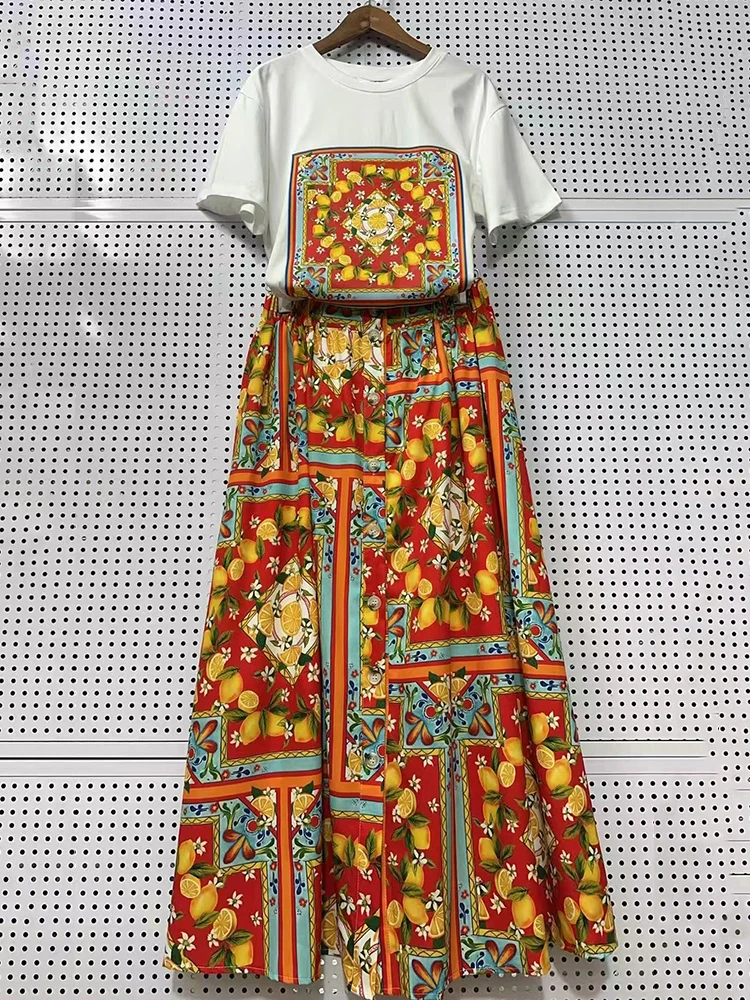 Vintage printed knitted T-shirt two-piece set for 2026 summer women's clothing+elastic waist single breasted loose skirt set view 5