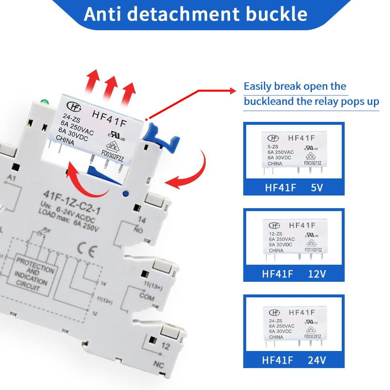 Imagem -02 - Relé Industrial do Trilho do Ruído com Led Magro Hf41f 5v 12v 24v 6a Ssr 41f5-zs 41f12-zs 41f24-zs 20 Peças