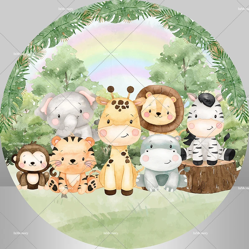 Safari Greenery Baby Shower Round Backdrop for Kids Birthday Party Decor Background Cartoon Animals Wood Cylinder Cover Elastic