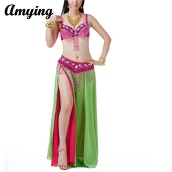 Trajes de danza del vientre para mujer, conjunto de traje de actuación en escenario de alta gama, ropa de práctica de baile para mujer, conjunto de sujetador + Blet + falda