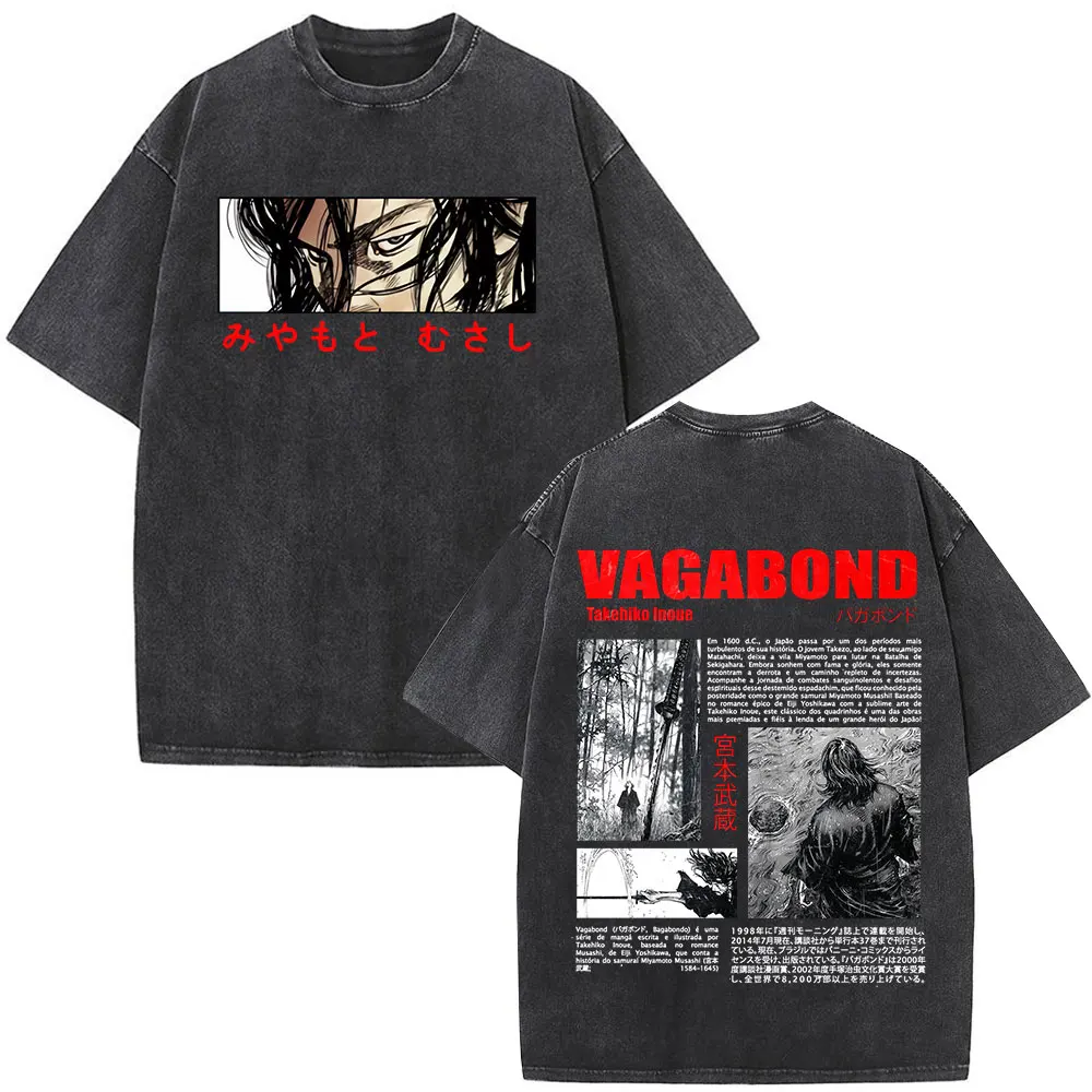 Japanese Anime Vagabond Miyamoto Musashi Vintage Washed T-shirts Men Women Clothing Fashion Retro Harajuku Short Sleeve T Shirts
