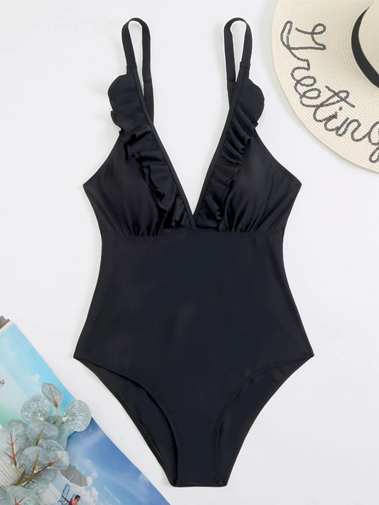 One Piece Swimsuit For Women Swimwear 2022 New Monokini Sexy Solid Black Ruffled Beachwear Bathing Suit Female Clothing Summer