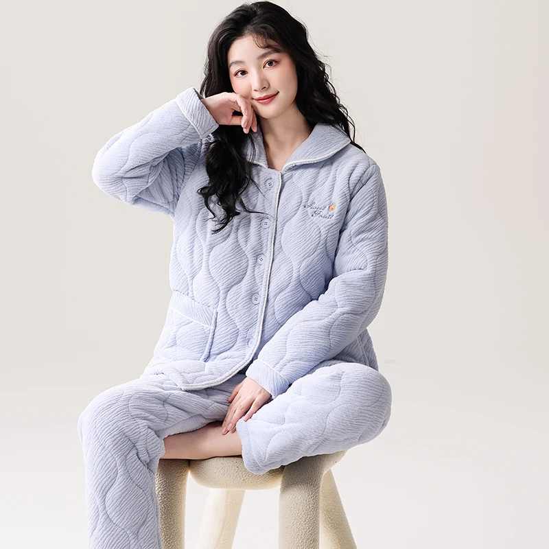 Female Homewear Comfortable Soft Women's Clothing Winter Three Layer Clip Cotton Sleepwear Suits