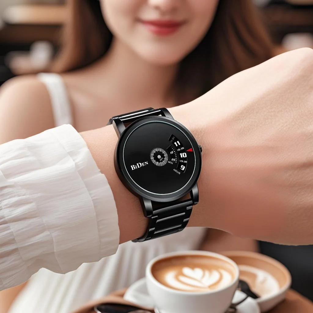 BIDEN Fashionable women's black quartz watch, unique dial, casual business watch, suitable for both men and women