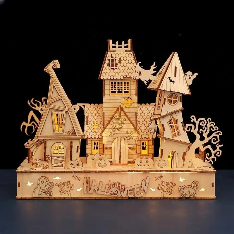 3D Wooden Puzzle Halloween Haunted House Ghost Tree Light DIY Building Model Kit Craft Toy For Kids Gift