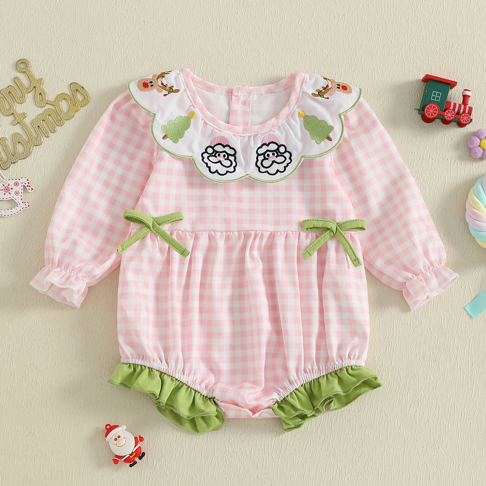 

VISgogo 0-18 Months Baby Girl Christmas Romper Long Sleeve O Neck Santa Tree Elk Embroidery Plaid Jumpsuit
