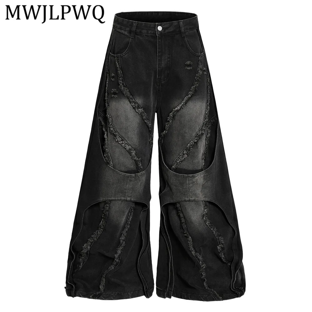 

MWJLPWQ Stylish Distressed Denim Pants For Men Street Trendy Heavy-Duty Deconstructed Patchwork Loose Wide-Leg Trousers 16206