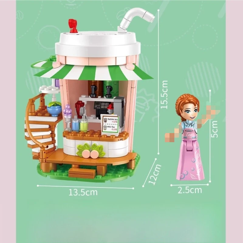 셈보 밀크티 가게 블록 창의적인 어린이 미니 거리 풍경 수제 조립 모델 교육용 커피숍 장난감 선물