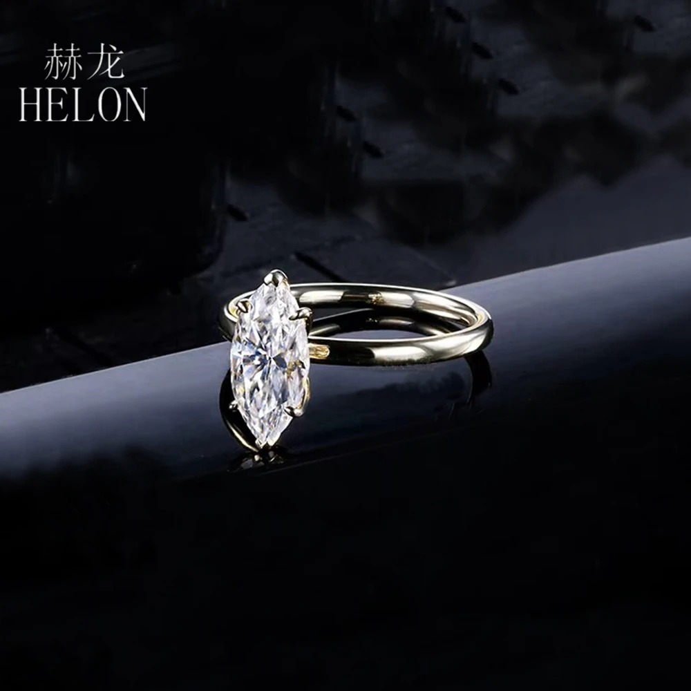 HELON Solid 14K Yellow Gold Marquise Cut 7*14mm 3ct Moissanite Diamond Engagement Ring For Women Wedding Bride Anniversary Gifts