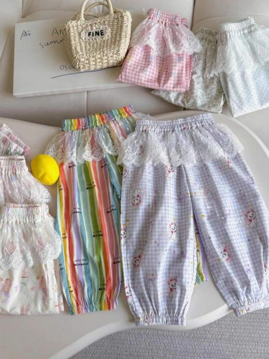

Comfortable Lightweight Summer Lace Trim Pants for Girls Breathable Loose Mosquito Proof Casual Trousers Sweet Sle id Pat...