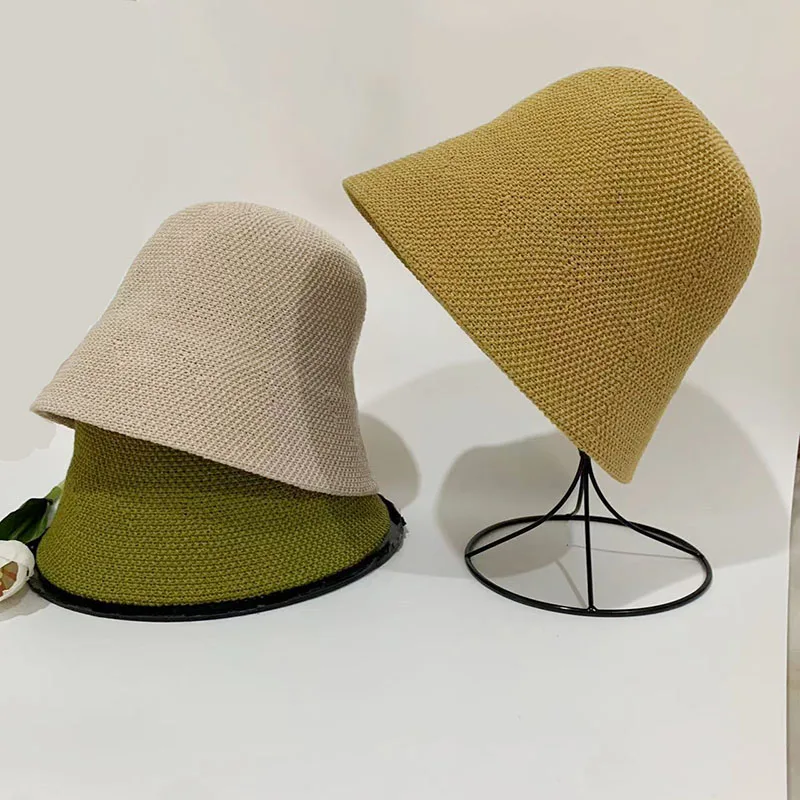 Summer New Bucket Hats for Women Solid Color Weave Casual Versatile Outdoor Breathable Vacation Sunscreen Hat Fold Panama Caps