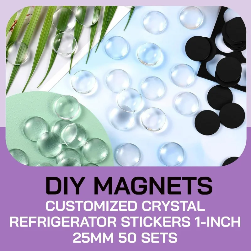 50Pcs Round Glass Cabochons With 50Pcs Round Magnetic Stickers DIY Fridge Magnet Crafts Clear Glass Dome Magnets Home Decoration