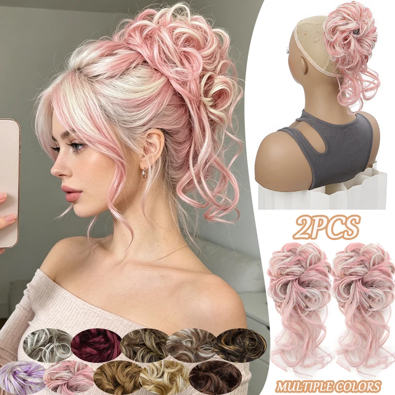 2PCS Rainbow Messy Bun Hair Piece,Wavy Curly Synthetic Elastic Hair Band Ponytail Hair Extensions for Women Daily Wear