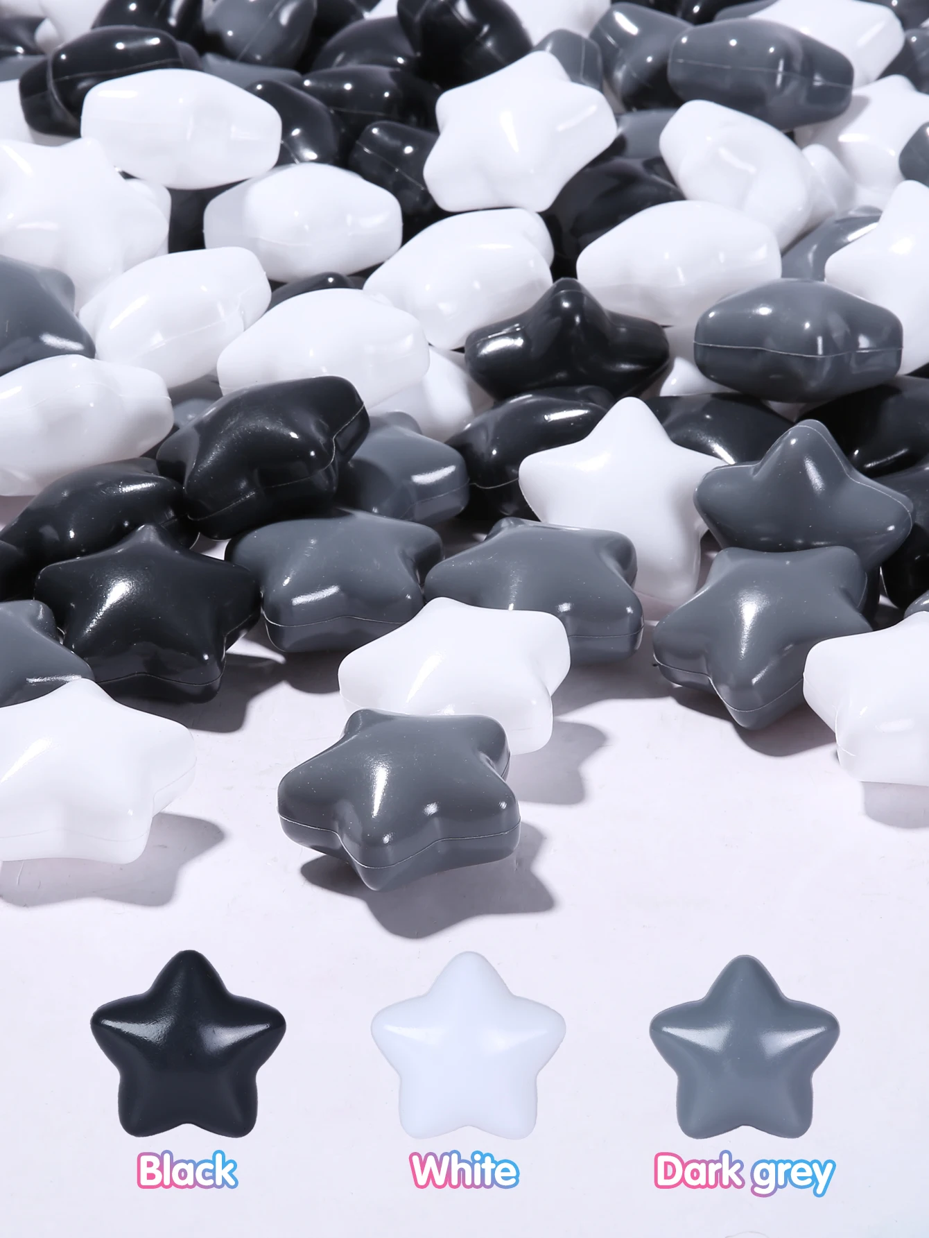 Soft Plastic Ball Pit Balls 2.67inch 150pcs BPA Free Non-Toxic Star Ball 3 Colours Black White and Grey