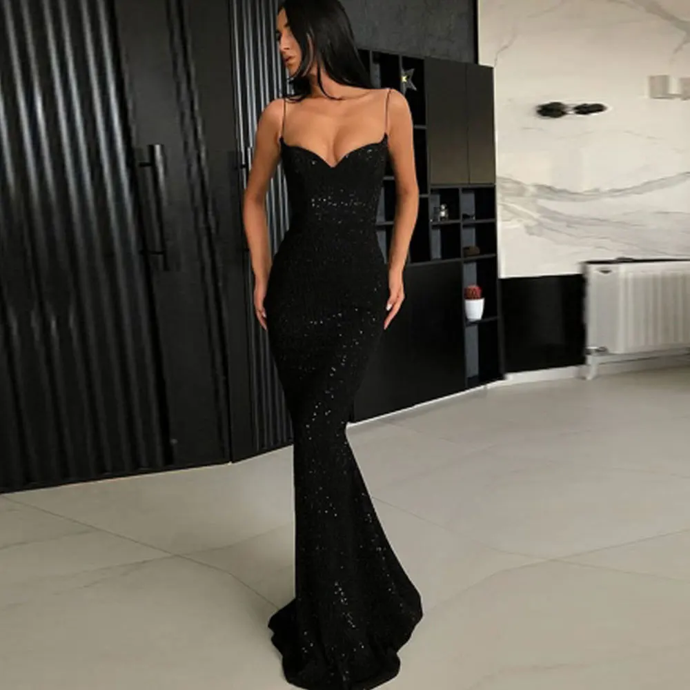 Mermaid Evening Dress V-Neck Spaghetti strap Backless Lace-up Sleeveless Sequins Draped Brush Train Vestidos Para Mujer Gala