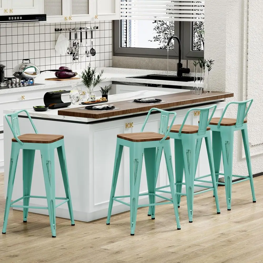 30" Metal Bar Stools Set o 4 Counter Height Barstools Industrial Counter Stool Kitchen Bar Chairs ern Wood Seat-Distred Blue - view 6