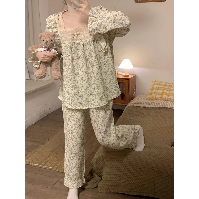 Floral Sleepwear Lace Women Pajamas Set Autumn Piiama Korean Long Sleeve Sets 2 Pieces Night Wears Square Collar Home Wear New